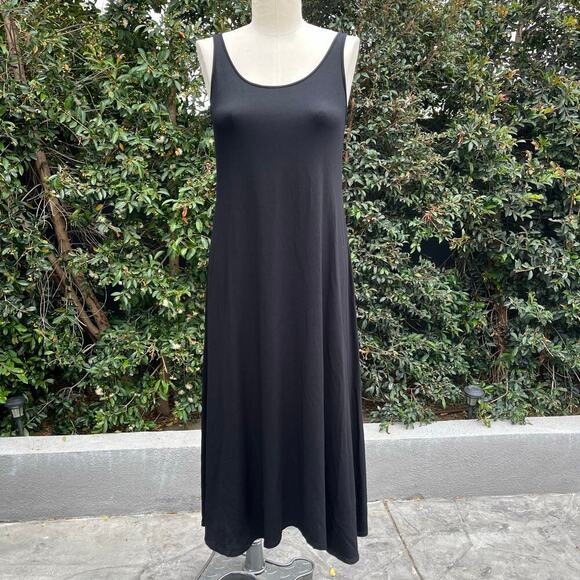 New With Tags Eileen Fisher Viscose Jersey Scoop Neck Black Tank Dress USA Made - Picture 1 of 8